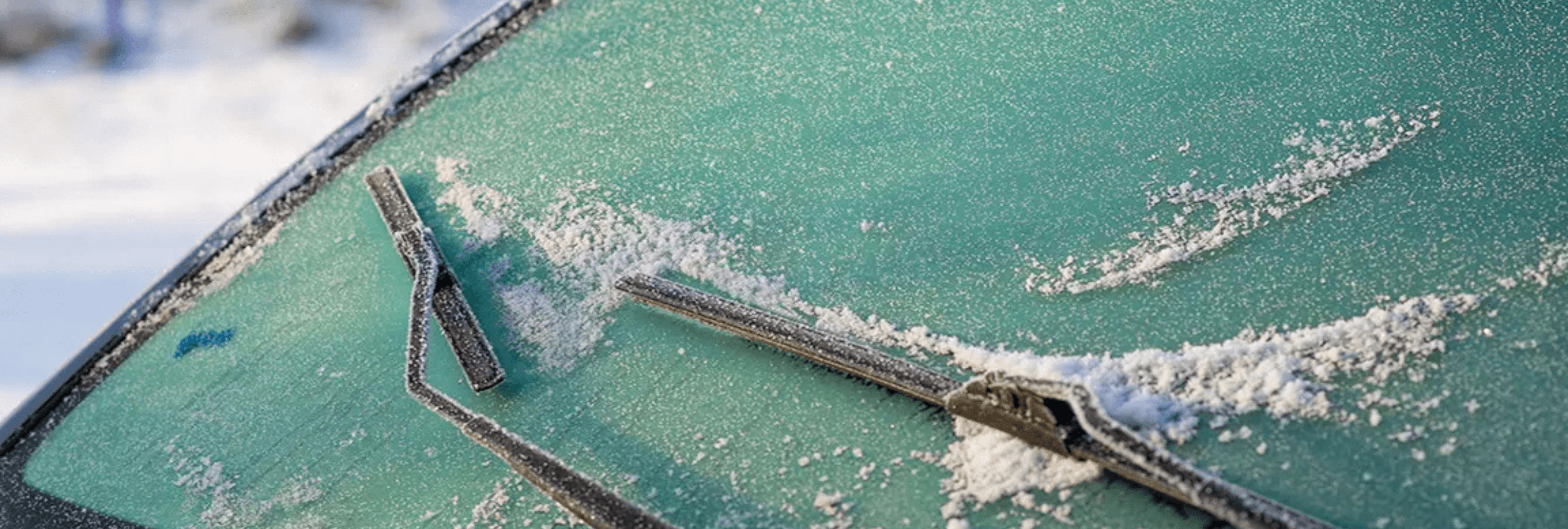 Windshield covered in ice.
