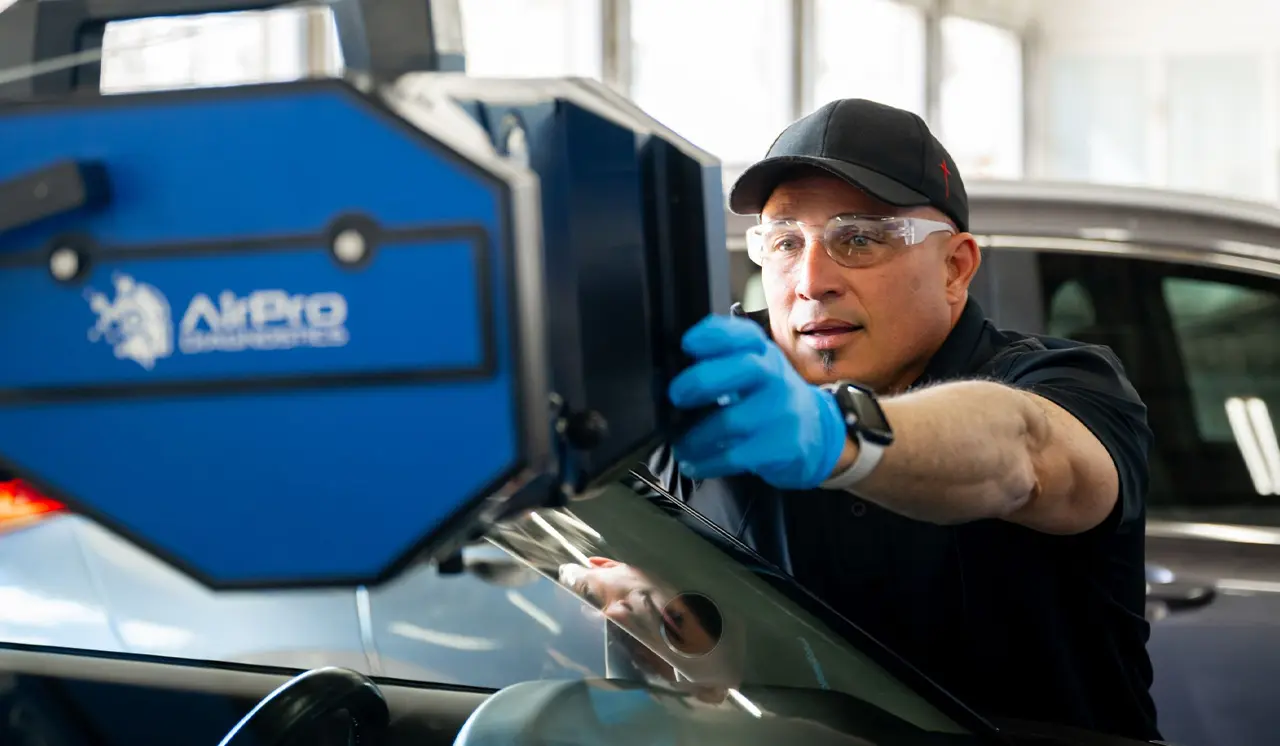 Male technician calibrating windshield